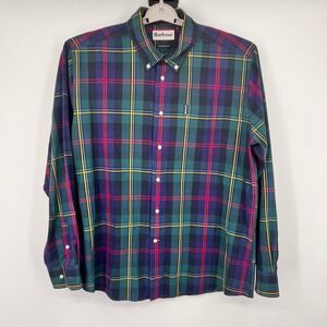 Barbour Tailored Fit Tartan Plaid Button Down Shirt Green Navy Red Mens XL